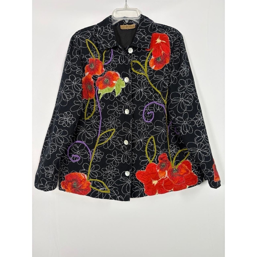 Vtg 90s Notations Woman Embroidered Jacket Floral Artsy Black Sz 2XL Cotton